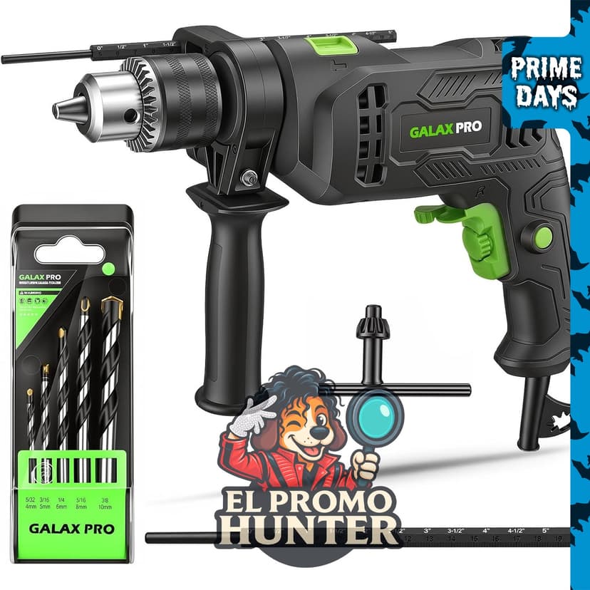 GALAX PRO Taladro de martillo con cable de 4.5 Amp, velocidad de 0-3000 RPM, incluye 12 accesorios.