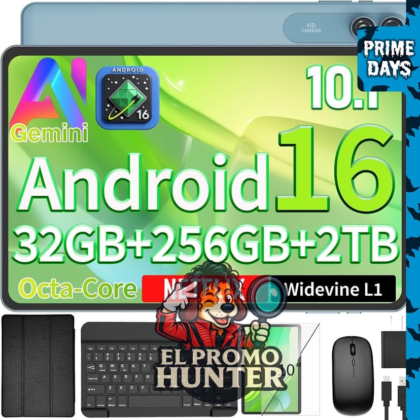 Tablet de 10 pulgadas con teclado, Android 16, 32GB de almacenamiento interno, expandible hasta 2TB.