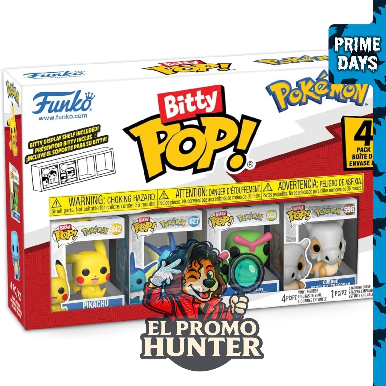 Funko Pop! Bitty: Pokemon - Pikachu, Vaporeon, Caterpie y Cubone - 0.9" (2.2 cm) coleccionables con estante de exhibición.