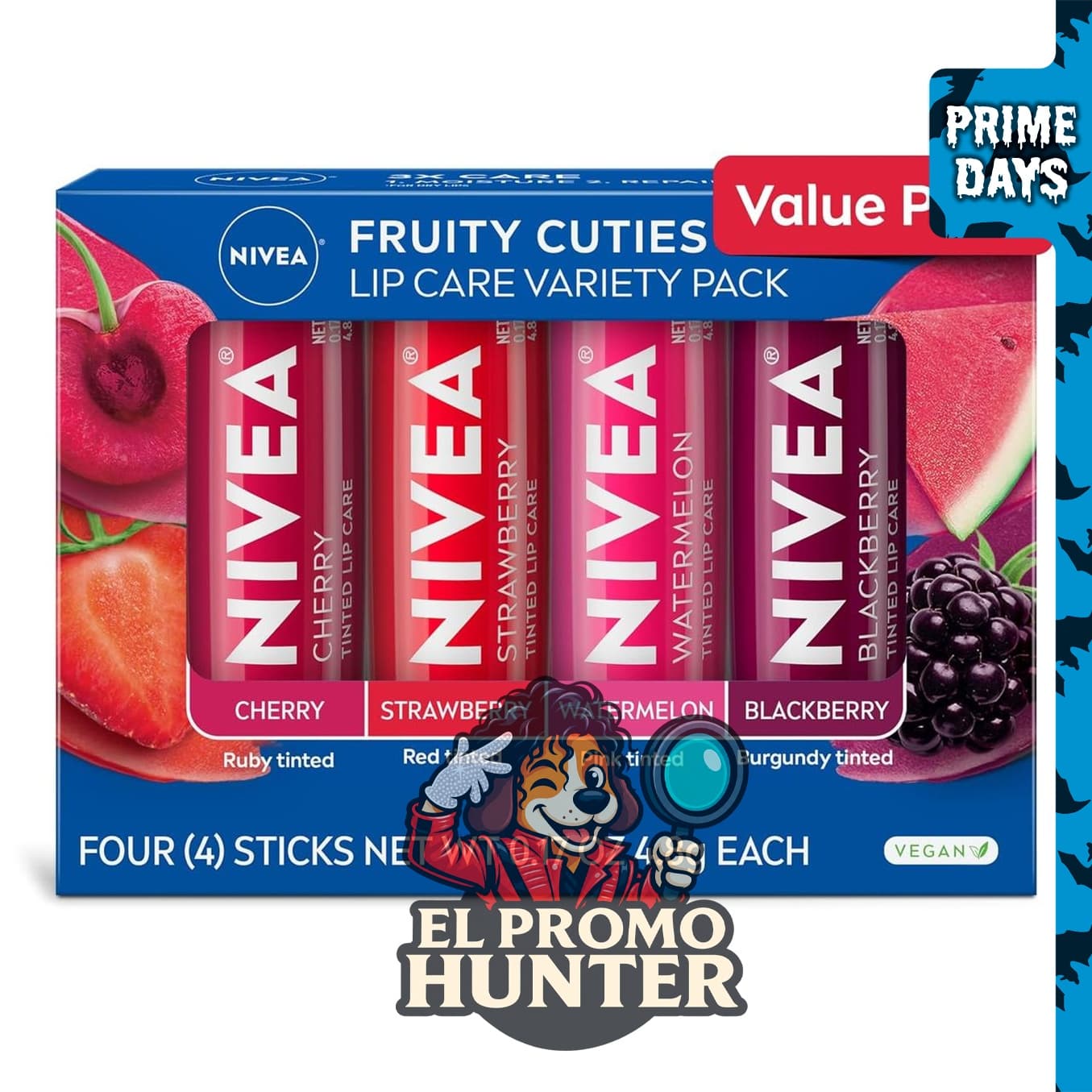 NIVEA Lip Care, paquete de 4 bálsamos labiales tintados en sabores a cereza, fresa, mora y sandía, 0.17 oz cada uno.