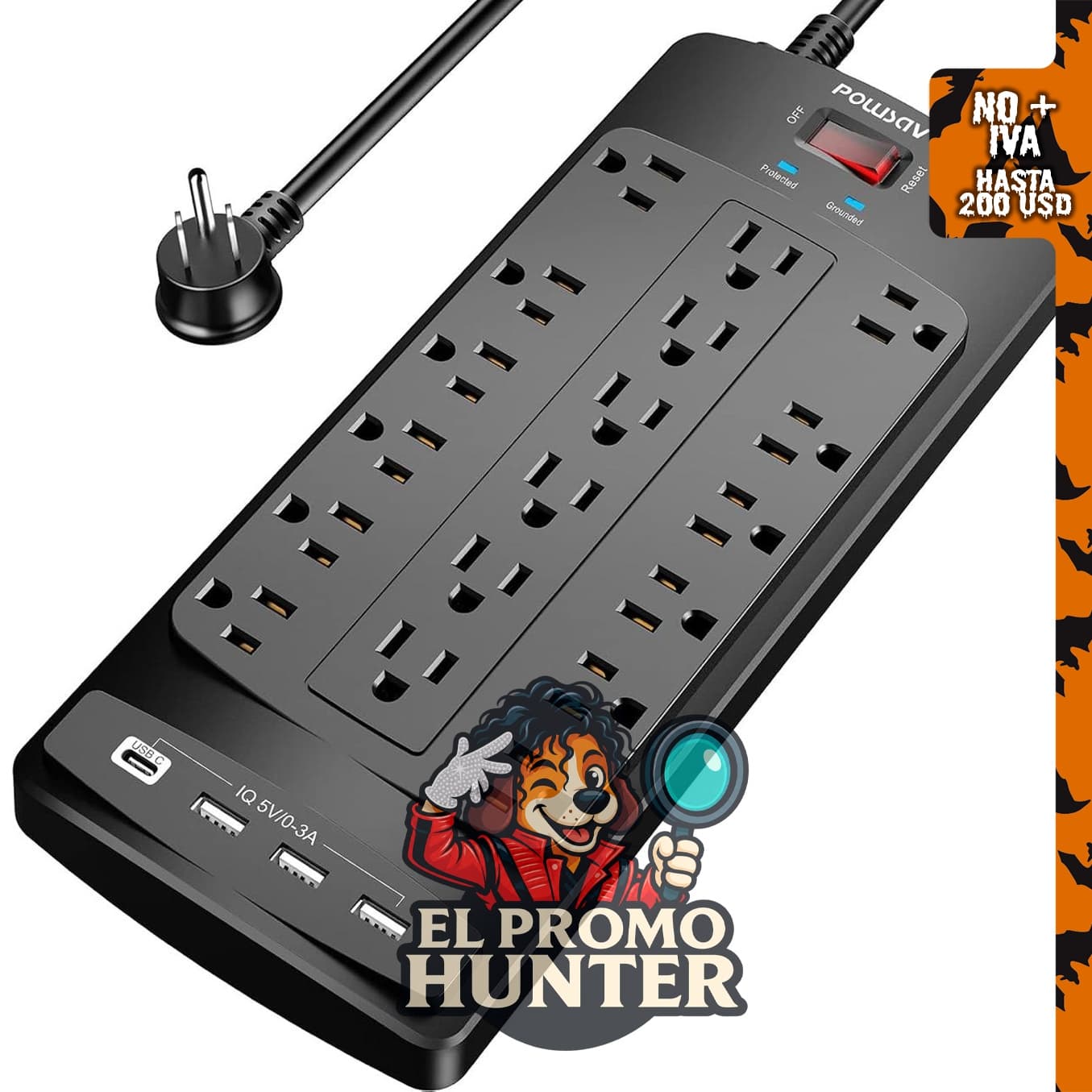 Regleta protectora de sobretensiones de 18 tomas con 4 puertos USB y cable de extensión de 6 pies (1.83 m).