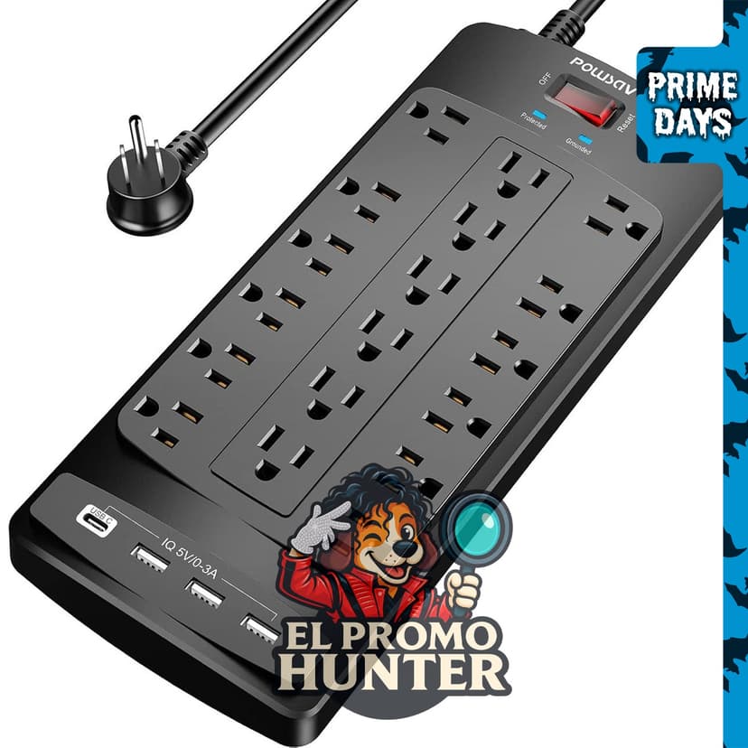 Regleta protectora de sobretensiones de 18 tomas con 4 puertos USB y cable de extensión de 6 pies (1.83 m).