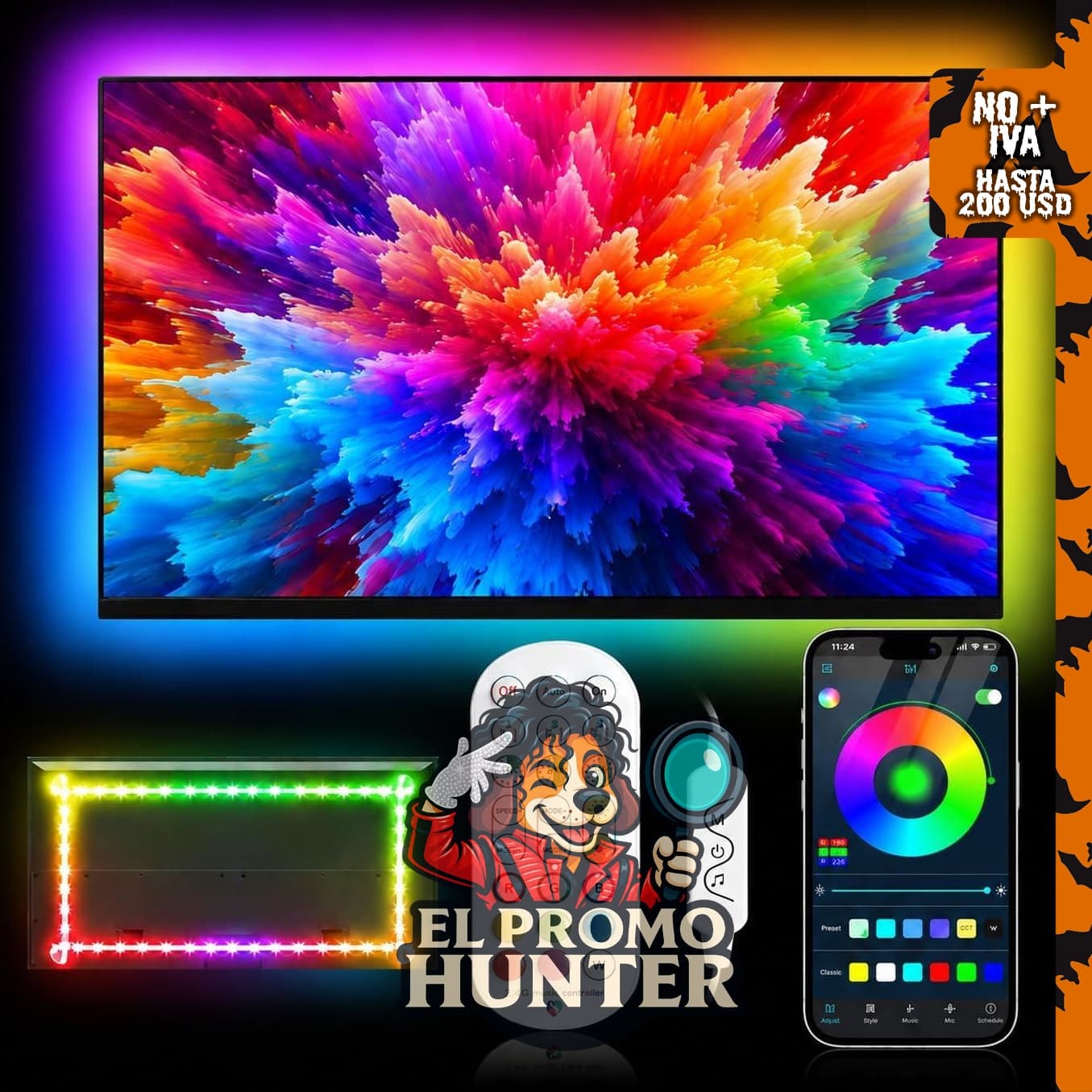 Daymeet Tira de luces LED RGB de 9.8 pies para televisores de 32 a 43 pulgadas, controlada por aplicación Bluetooth.