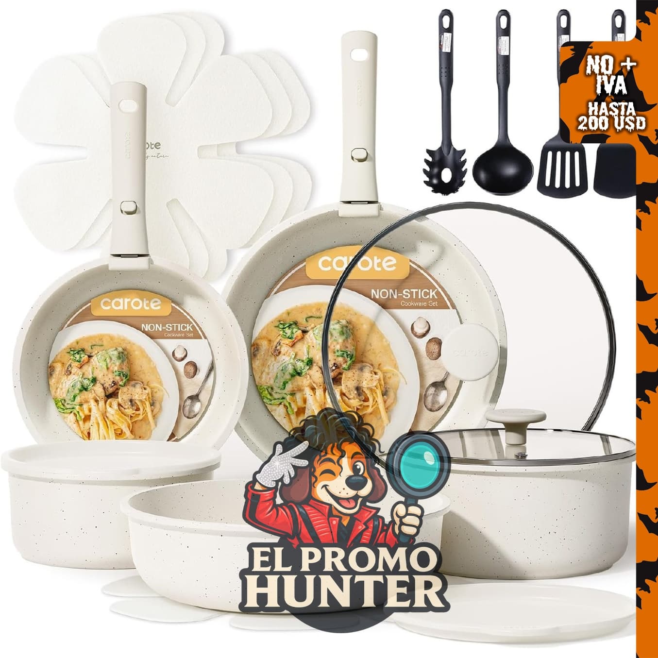 CAROTE Set de batería de cocina de 19 piezas, antiadherente y con mango desmontable.