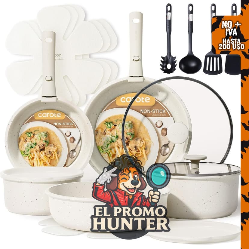 CAROTE Set de batería de cocina de 19 piezas, antiadherente y con mango desmontable.