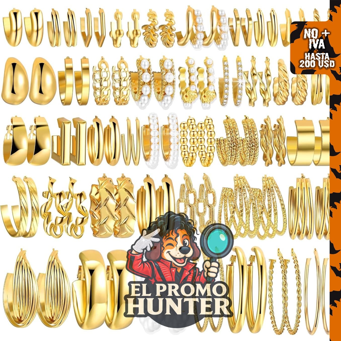 Juego de 42 pares de aretes de aro dorados para mujer, varios estilos.
