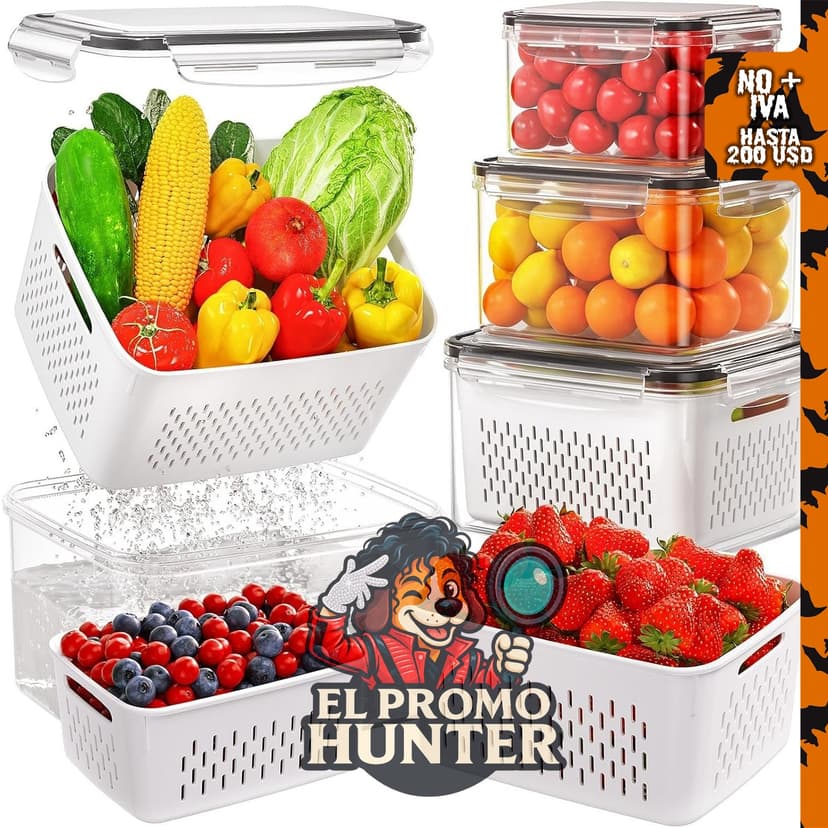 Set de 4 contenedores de almacenamiento de frutas para refrigerador con colador removible.