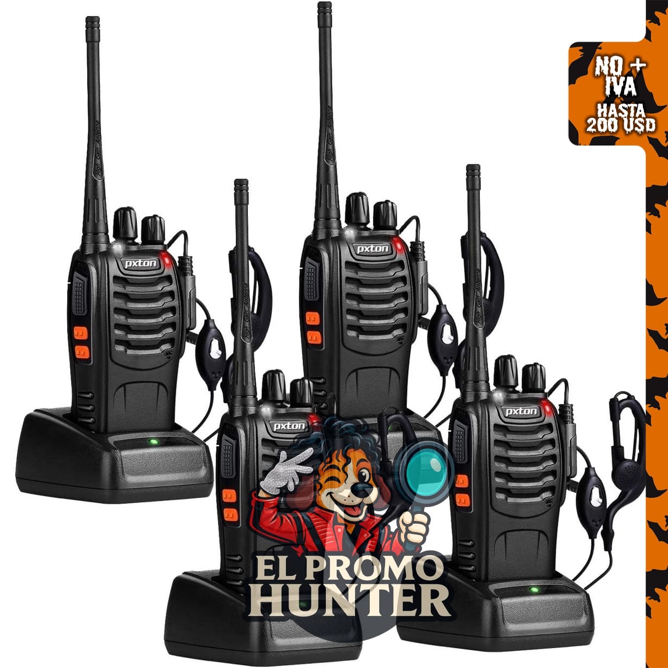 Walkie Talkies Pxton de largo alcance, recargables, con 16 canales y auriculares, incluye linterna y cargador (paquete de 4).