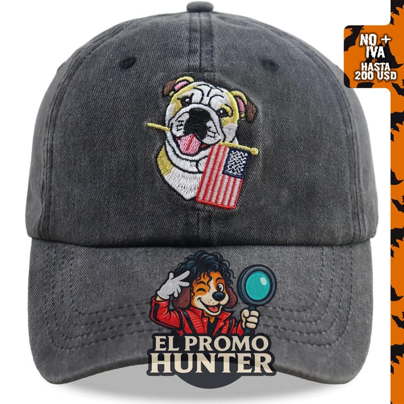 Gorra de béisbol ajustable con diseño de perro y bandera de Estados Unidos, bordada en algodón.