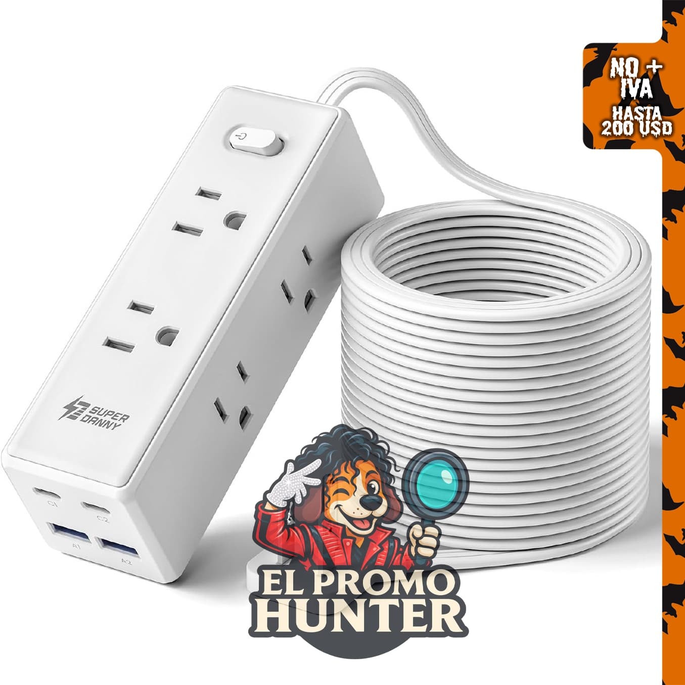 SUPERDANNY Cable de extensión de 15 pies (4.57 m) con múltiples tomas.