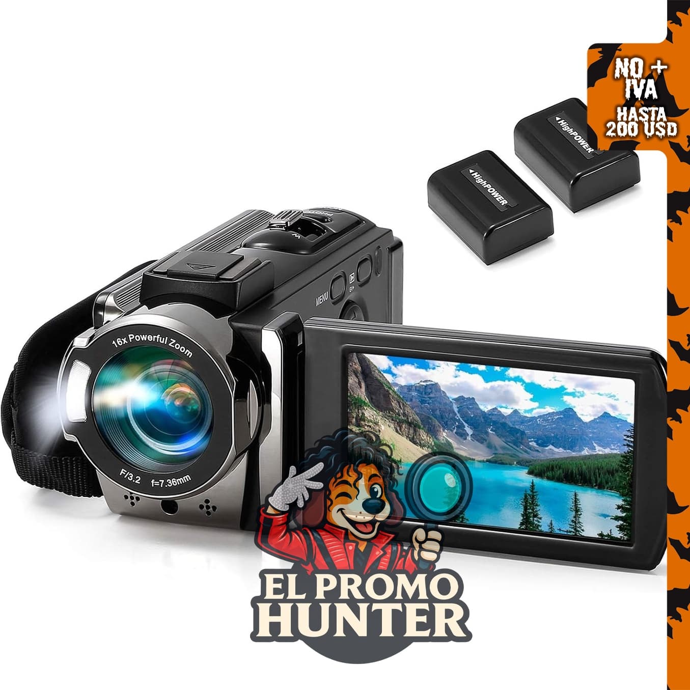 Kimire Videocámara Digital Full HD 1080P, 15FPS, 24MP, 3.0" LCD, rotación 270°, 16X zoom, incluye 2 baterías.