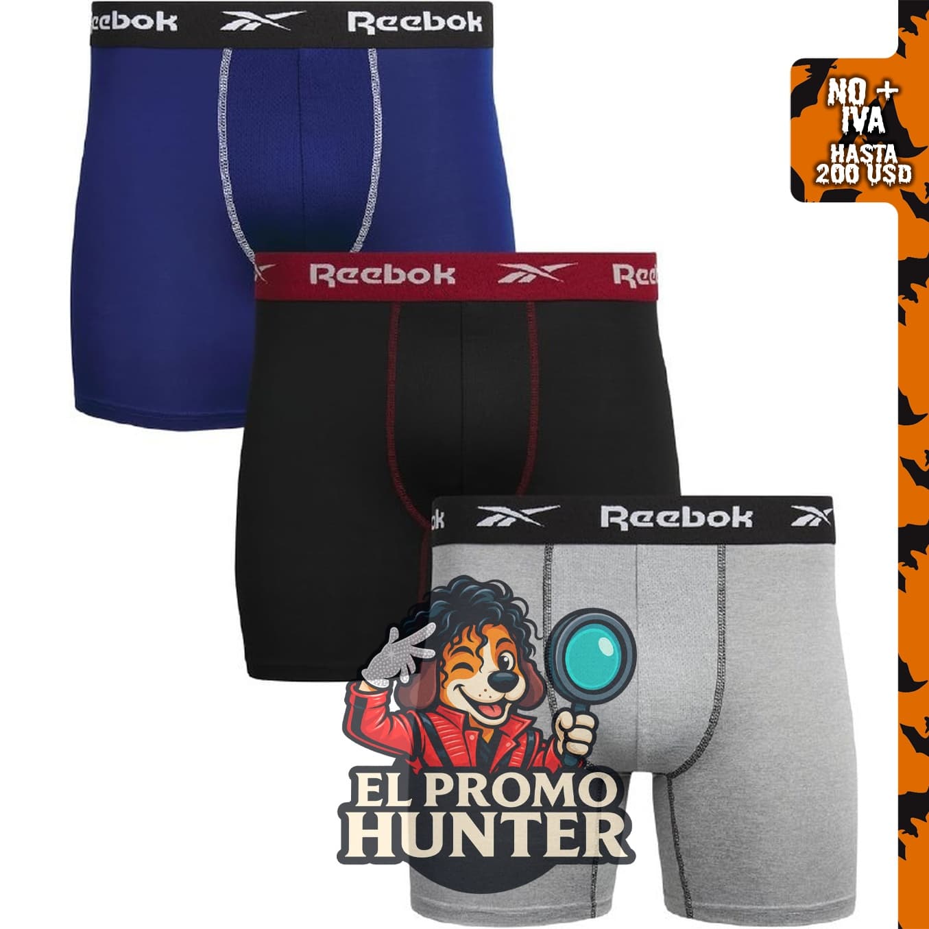 Calzoncillos tipo bóxer Reebok para hombre, paquete de 3, con bolsa contorneada, 6" (15 cm) de entrepierna.