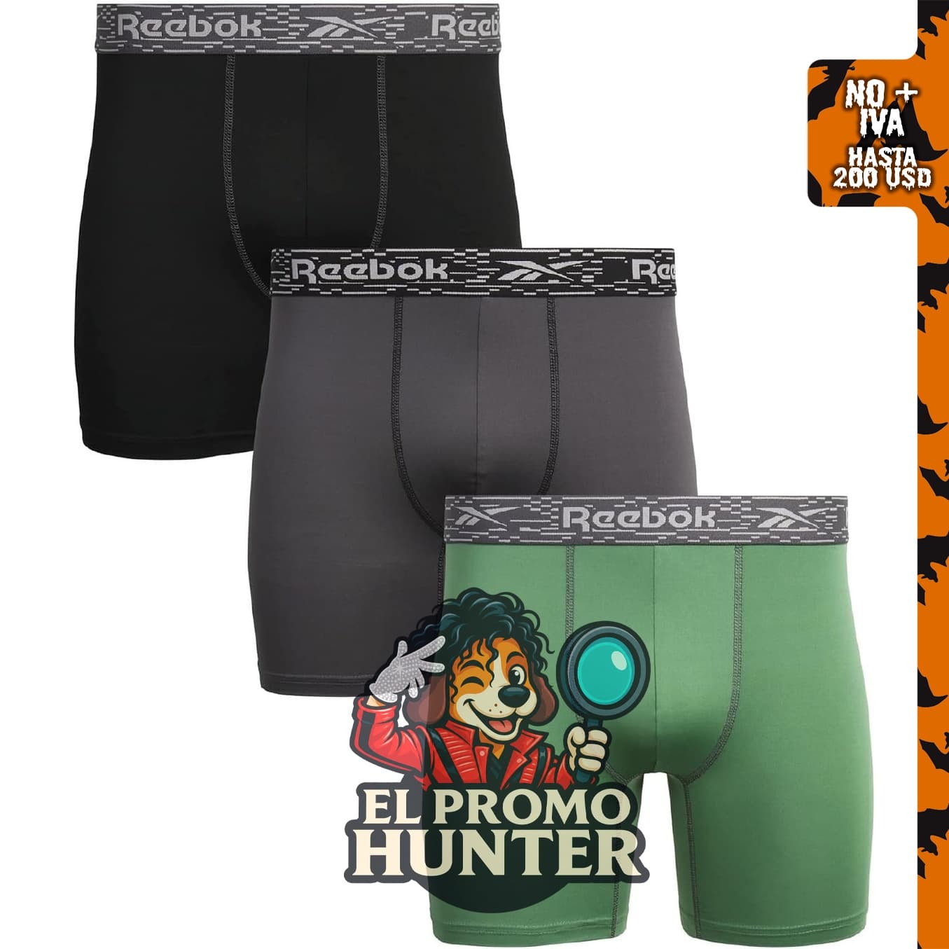Reebok Boxer Briefs para hombre, paquete de 3, con bolsa contorneada, 6" (15 cm) de entrepierna.