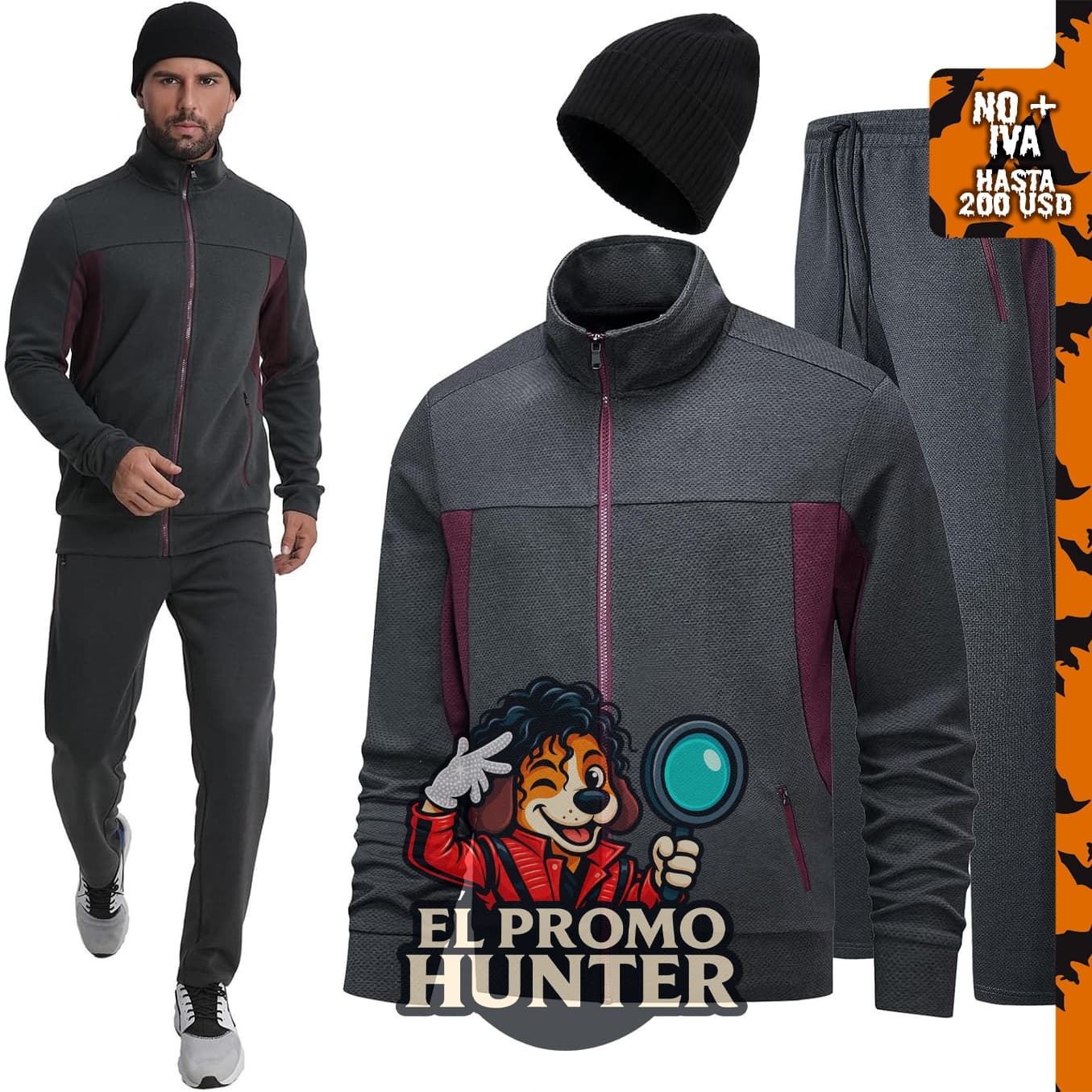 Conjunto de 3 piezas de chándales deportivos para hombre con cremallera completa y gorra de tejido.