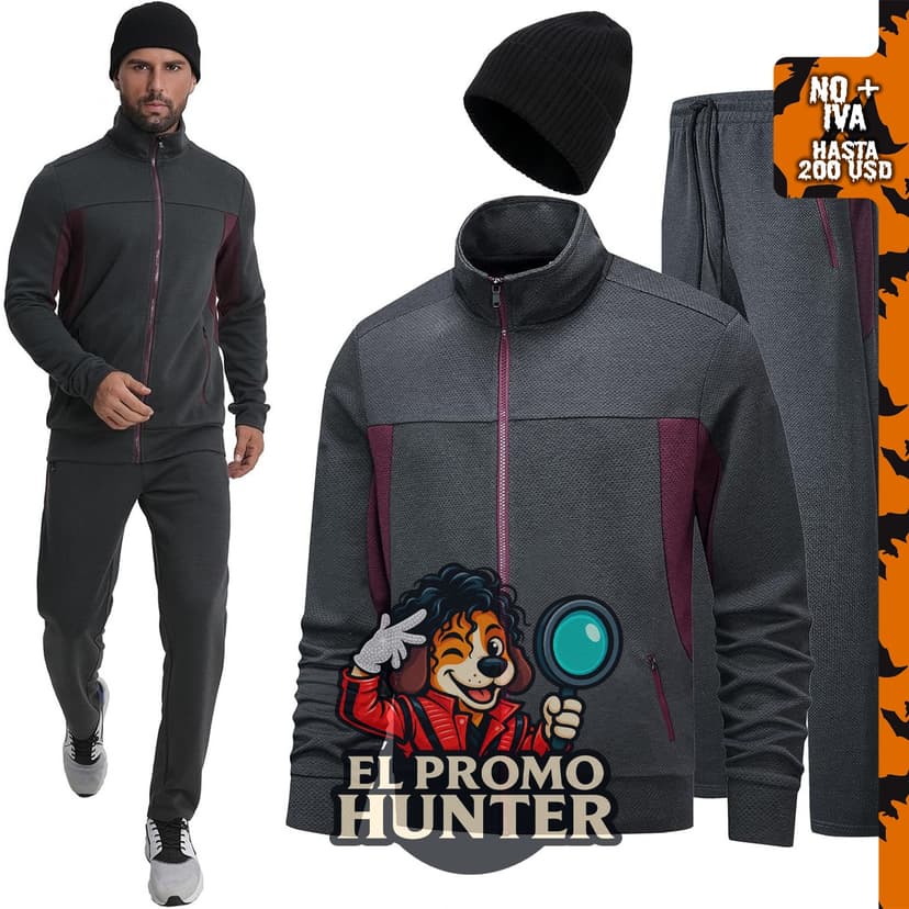 Conjunto de 3 piezas de chándales deportivos para hombre con cremallera completa y gorra de tejido.