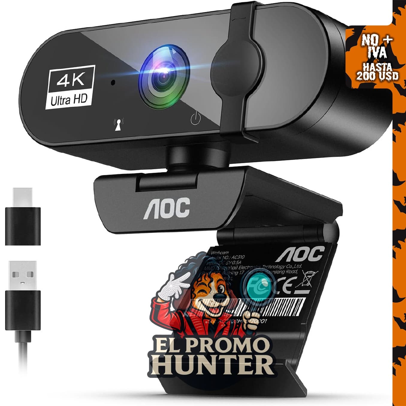 AOC Webcam 4K para PC, cámara de streaming con micrófono con cancelación de ruido.