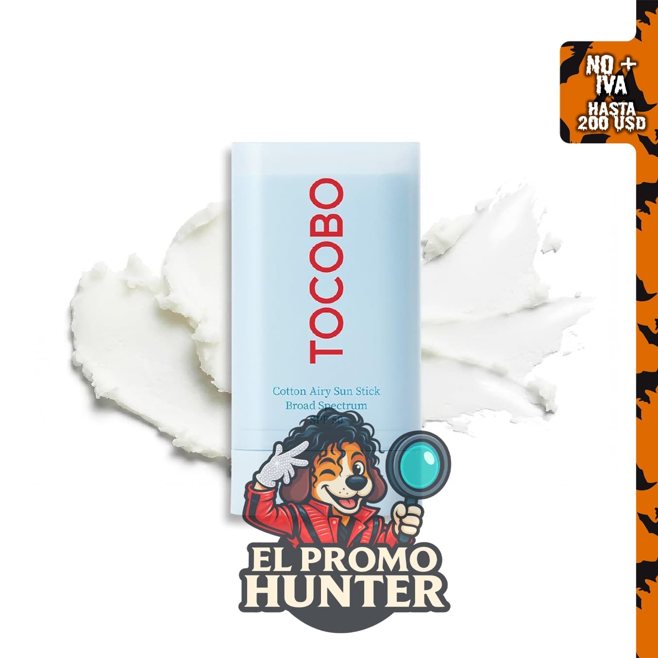 TOCOBO Cotton Airy Sun Stick SPF 50, protector solar mate coreano de amplio espectro para cara, 19 g.