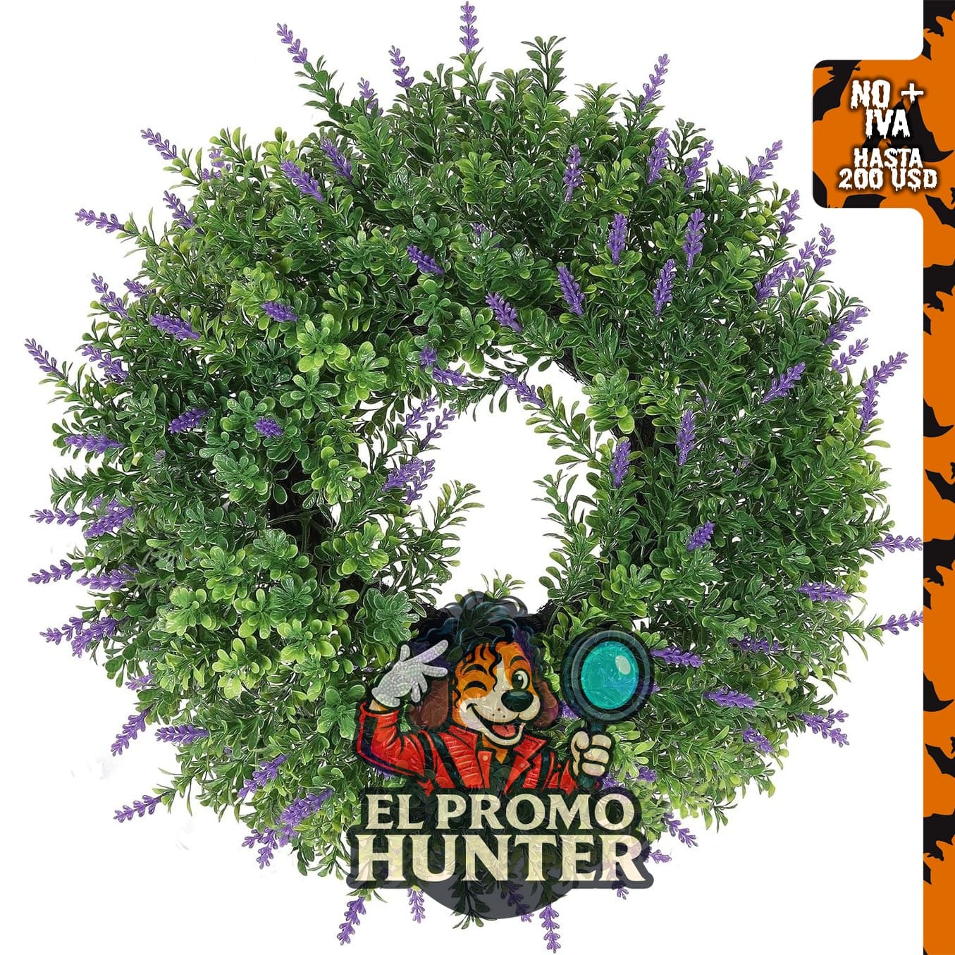 Corona de boj artificial de 18 pulgadas con flores de lavanda, decoración rústica para pared o puerta.