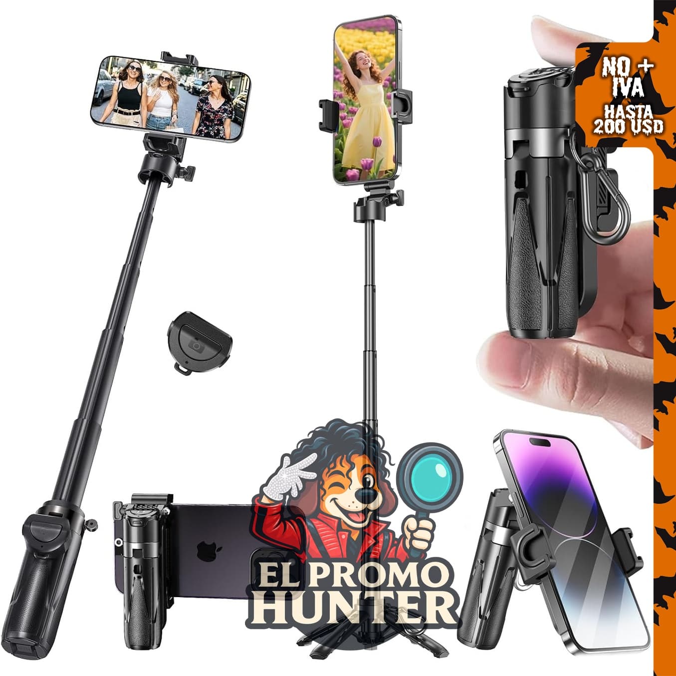 Mini palo selfie para iPhone, soporte extensible para teléfono.