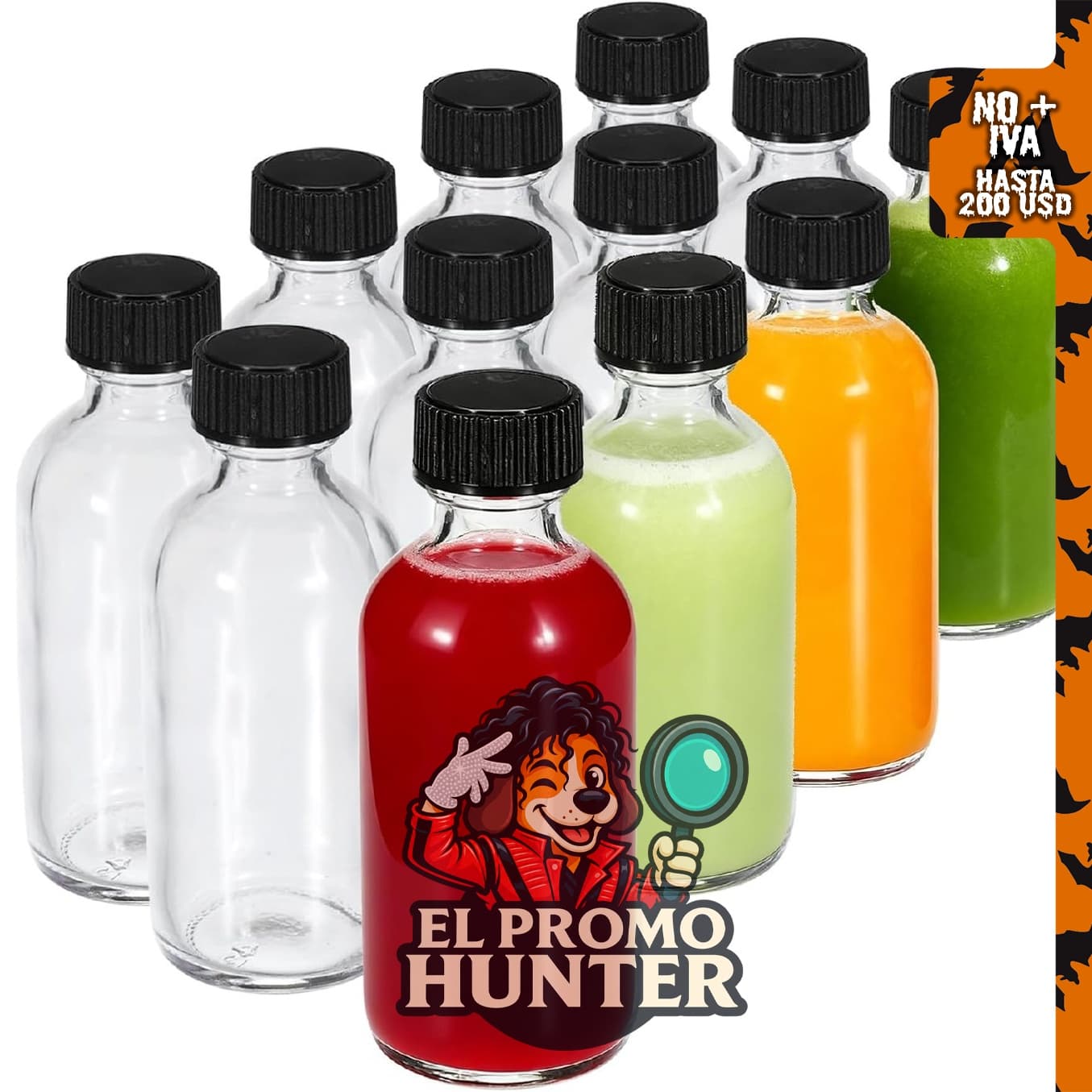 JohnBee 12-Pack de botellas de vidrio Boston redondas de 2 oz (60 ml) con tapas.