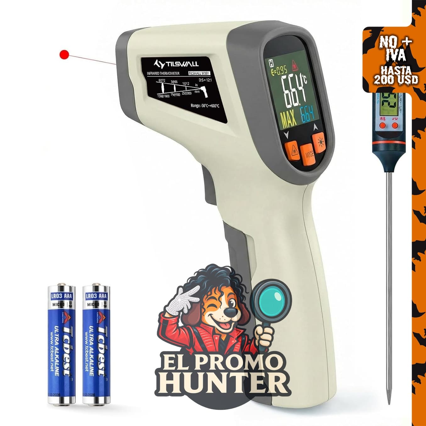 Tilswall Termómetro infrarrojo, pistola de temperatura láser con rango de -50°C a 600°C.