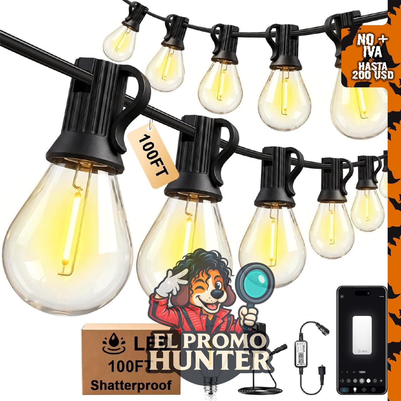 Tira de luces LED para exteriores, 100 pies, regulable.