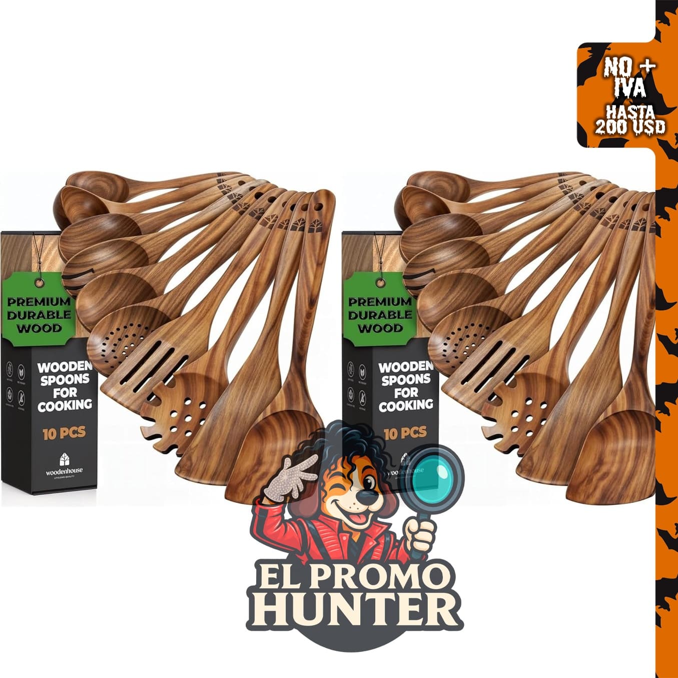 Juego de cucharas de madera de teca para cocinar.