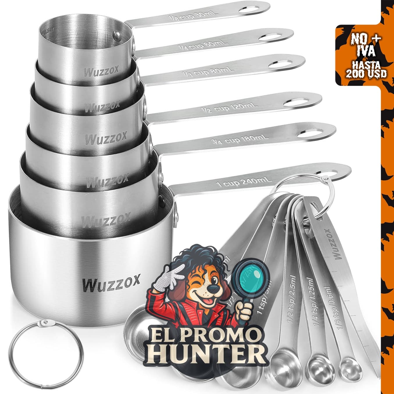 Juego de 13 tazas y cucharas medidoras de acero inoxidable, utensilios apilables para cocina.