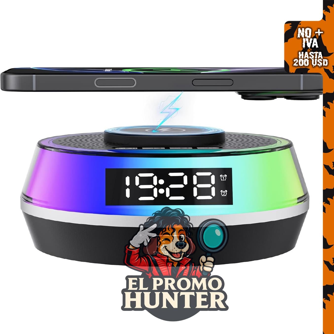 Reloj despertador con carga inalámbrica y altavoz Bluetooth, iluminación RGB.