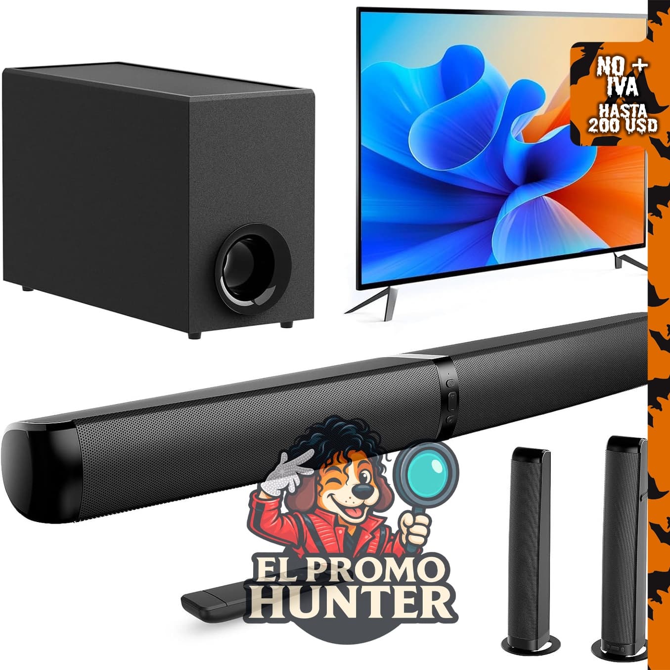 MZEIBO Barra de sonido 2.1 CH con subwoofer, 120 W pico, Bluetooth 5.3, HDMI ARC, óptico y AUX.