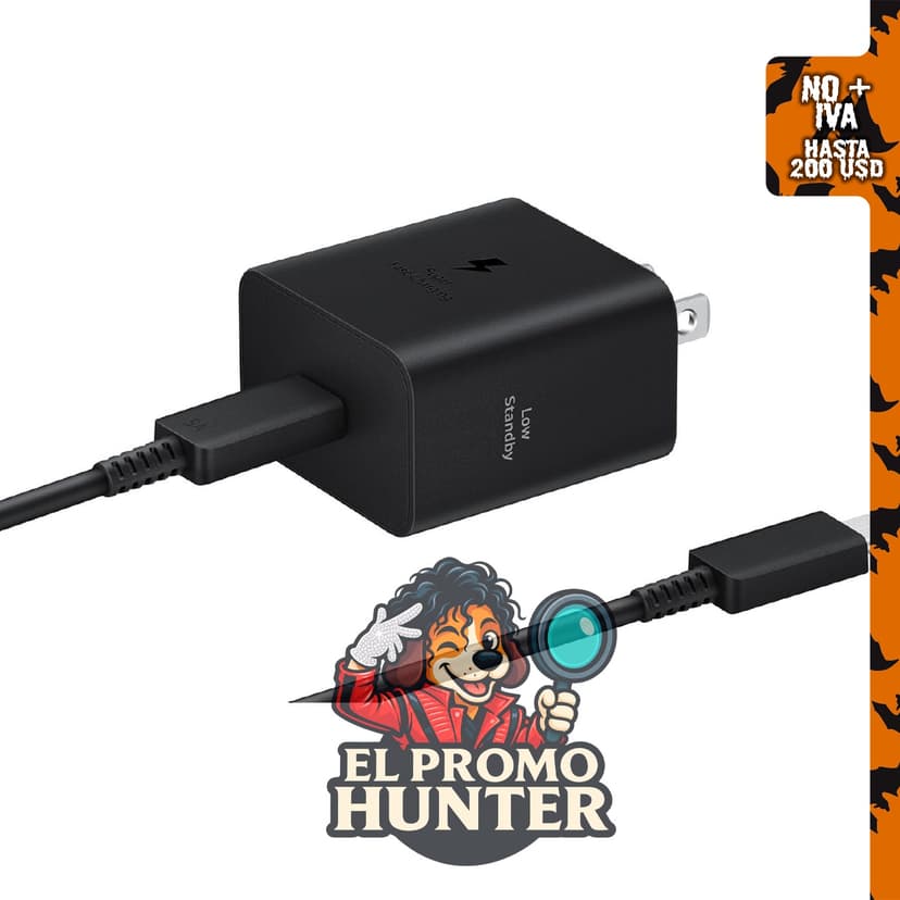 Adaptador de corriente Samsung de 45 W con cable incluido, color negro.