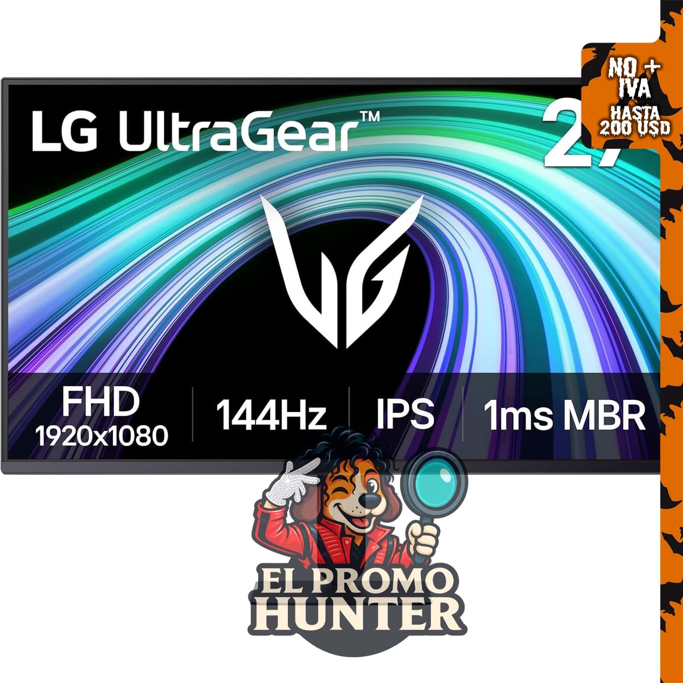 Monitor LG Ultragear de 27" (68.58 cm) IPS 1080p, 144Hz, 1ms, G-Sync.