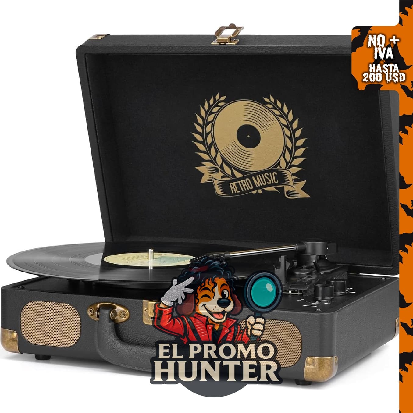 Tocadiscos de vinilo Bluetooth portátil de 3 velocidades con altavoces integrados y salida RCA.
