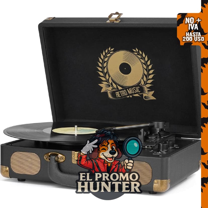 Tocadiscos de vinilo Bluetooth portátil de 3 velocidades con altavoces integrados y salida RCA.