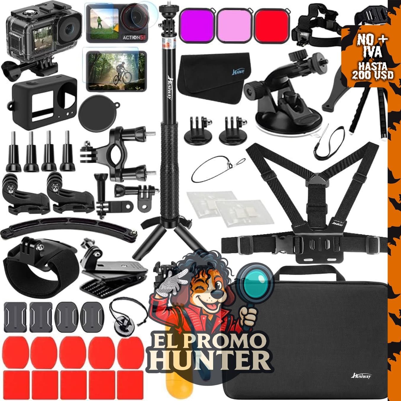 Paquete de accesorios Husiway para DJI Osmo Action 5 Pro/4/3, incluye funda impermeable, carcasa de silicona y protector de pantalla.