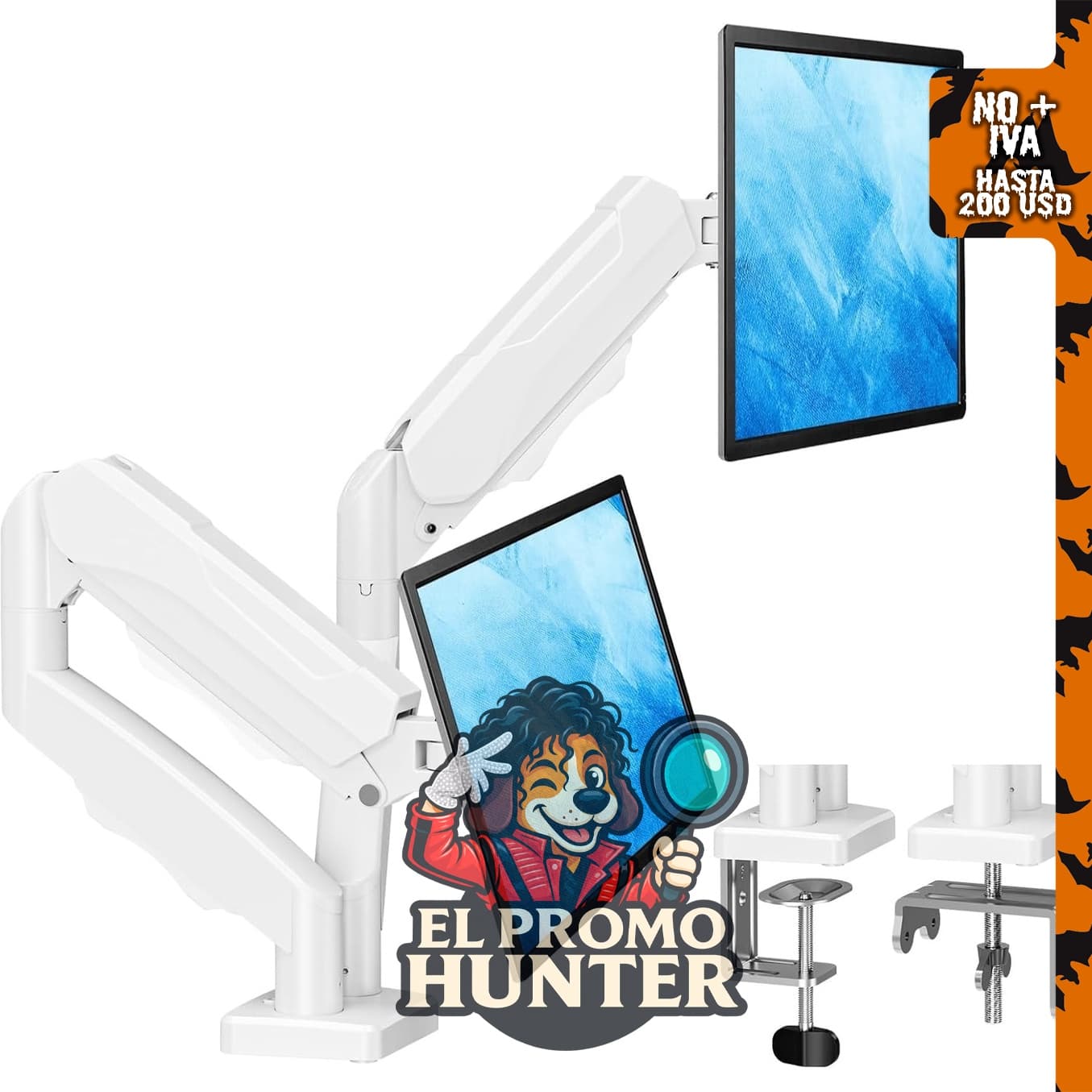 MOUNTUP Soporte de monitor doble ajustable para escritorio, compatible con monitores de hasta 32 pulgadas y montaje VESA.