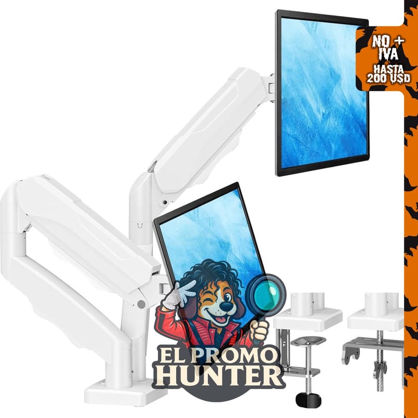 MOUNTUP Soporte de monitor doble ajustable para escritorio, compatible con monitores de hasta 32 pulgadas y montaje VESA.