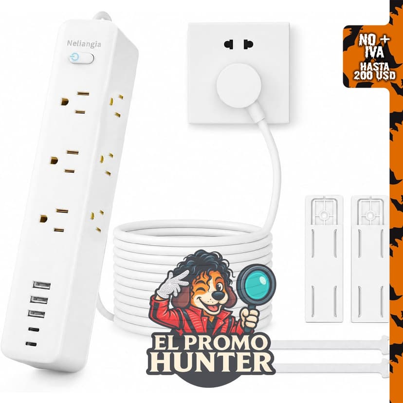 Regleta de protección Neliangia con 9 salidas y 5 puertos USB (2 USB C), cable de 10 pies.