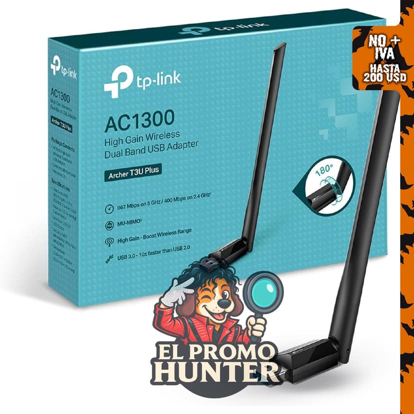 TP-Link Archer T3U Plus, adaptador USB WiFi AC1300 de doble banda con antena de alta ganancia.