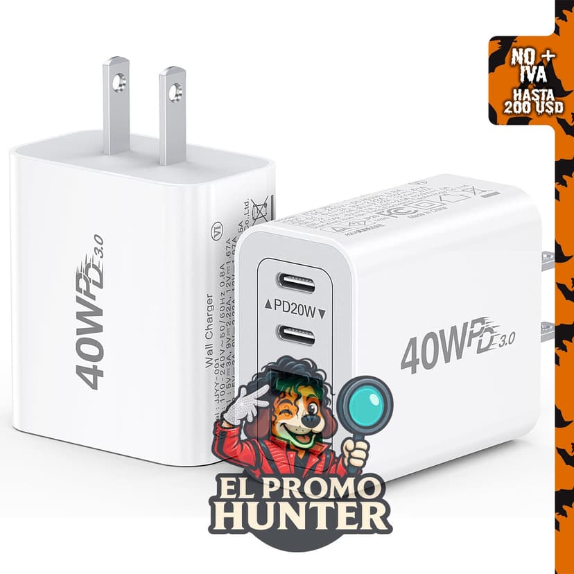 Paquete de 2 cargadores USB C de 40W con salida máxima Tipo C.