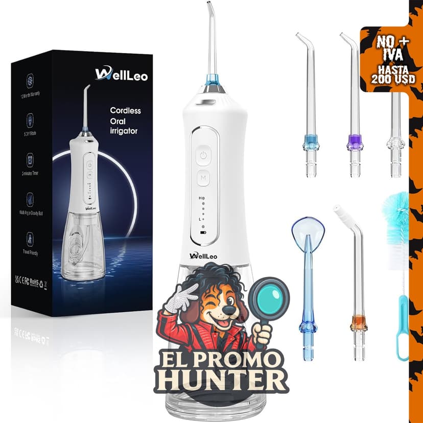 WellLeo Irrigador bucal inalámbrico de 300 ml, recargable, con 5 modos y 5 puntas de chorro.