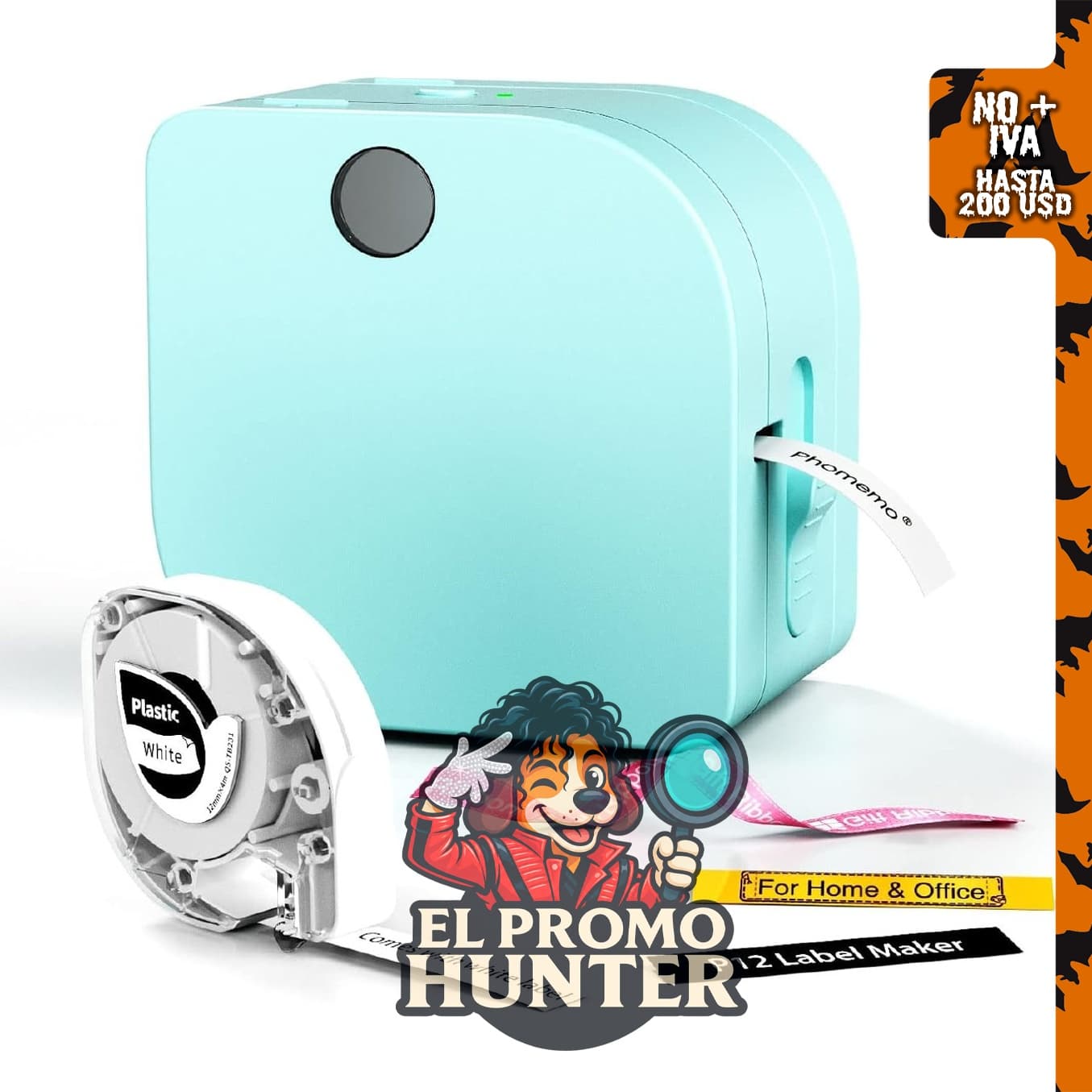 Máquina etiquetadora Phomemo P12 Bluetooth con cinta y etiquetas pequeñas.