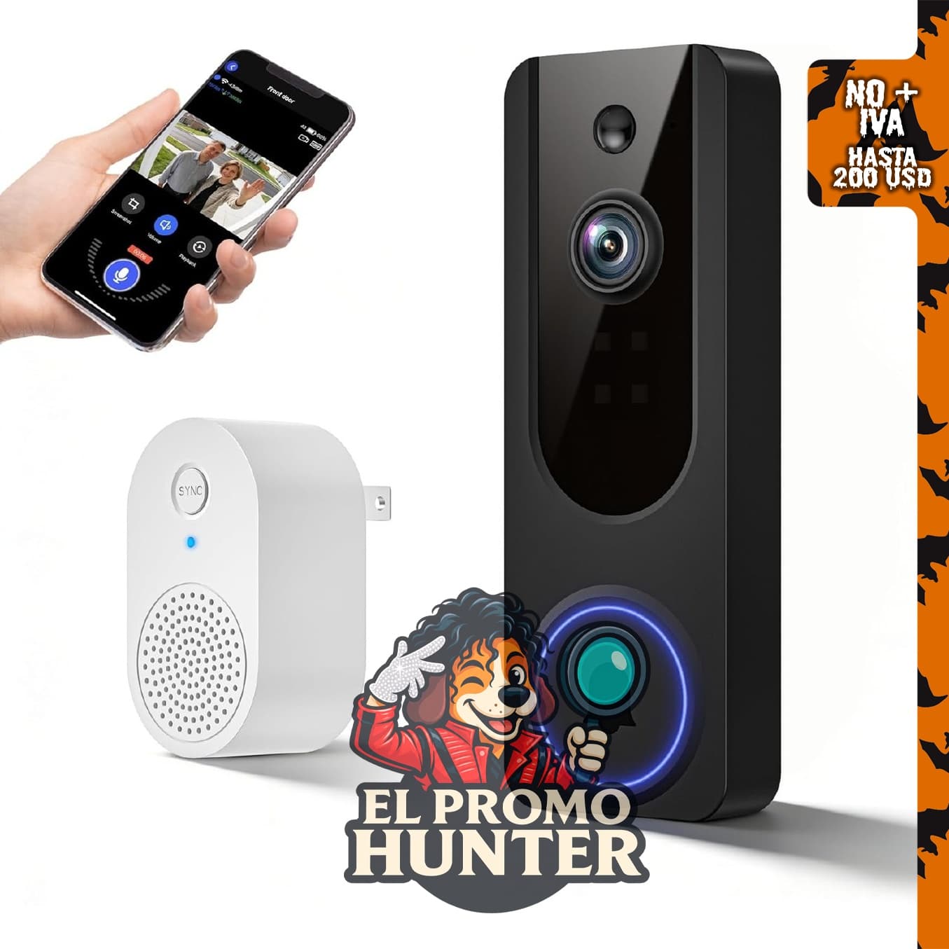 Timbre de video Cookedixo 1080P inalámbrico con visión nocturna y audio bidireccional.