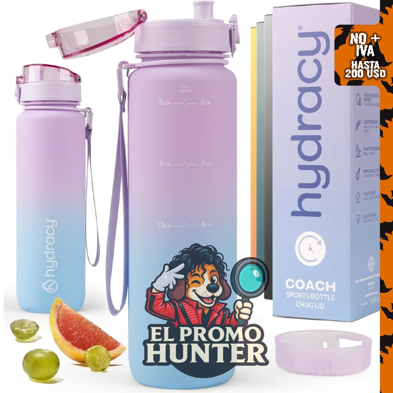 Hydracy Botella de agua de 32 oz (946 ml), sin BPA, a prueba de fugas, con infusor de frutas.
