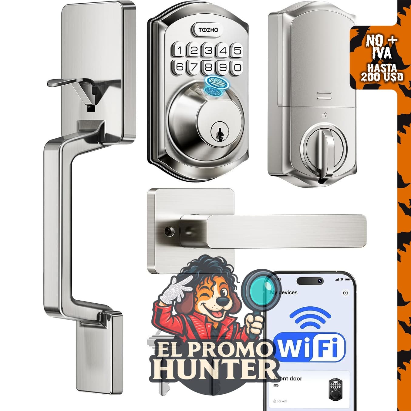 TEEHO TE012W-H - Cerradura de puerta de huellas dactilares WiFi, níquel satinado.