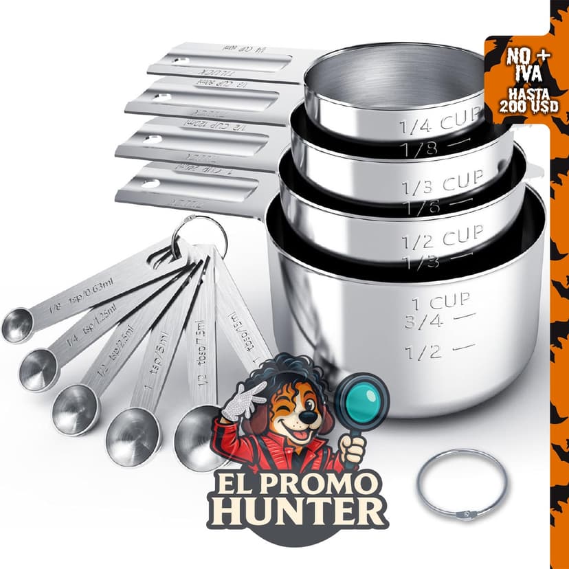 Juego de tazas y cucharas medidoras de acero inoxidable.