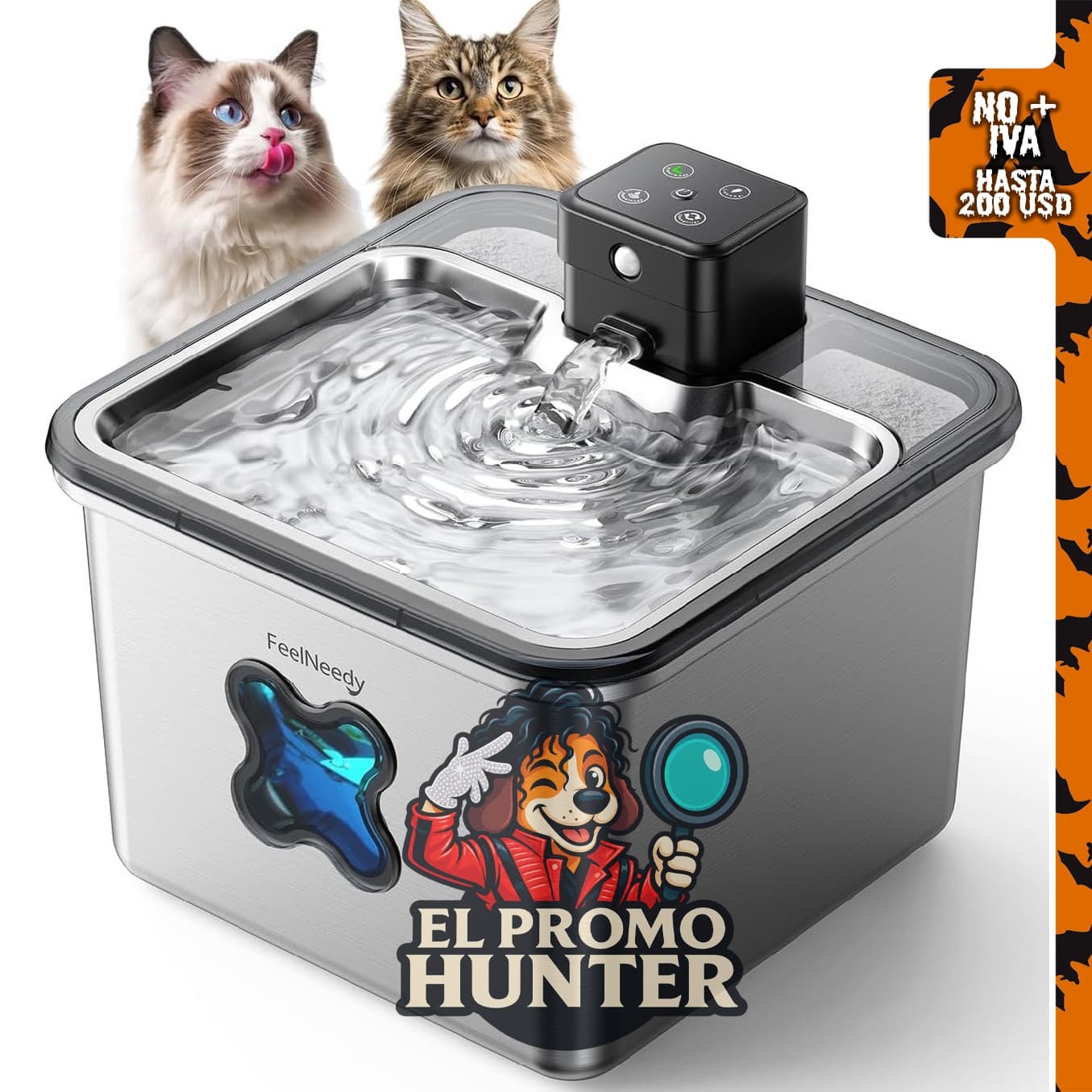 Fuente de agua inalámbrica para gatos FEELNEEDY, acero inoxidable, 3.2L (108 oz), con sensor de batería.
