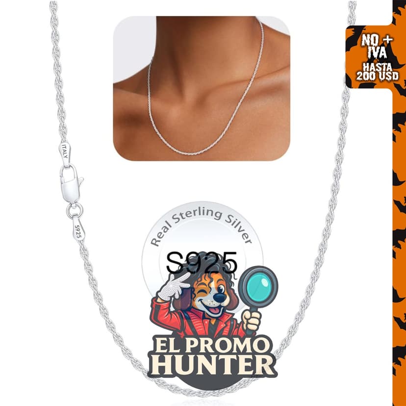 Collar de cadena de cuerda de 1.5 mm/2 mm de plata de ley 925 para mujeres, disponible en longitudes de 40.6 a 66 cm.