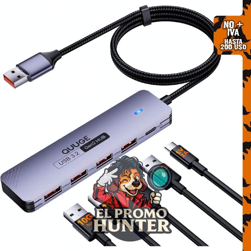 QUUGE Hub USB 3.2 con 4 puertos USB-A, velocidad de 10 Gbps y cable de 120 cm.