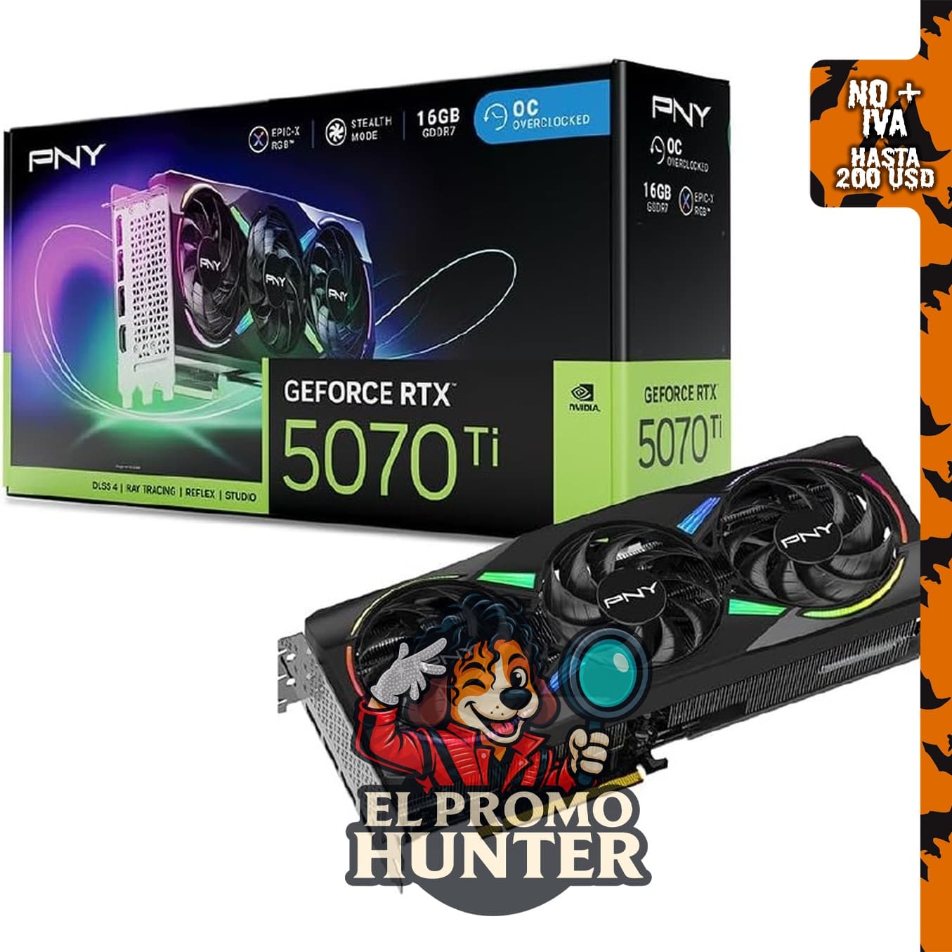 PNY NVIDIA GeForce RTX 5070 Ti Epic-X RGB OC, tarjeta gráfica con triple ventilador.